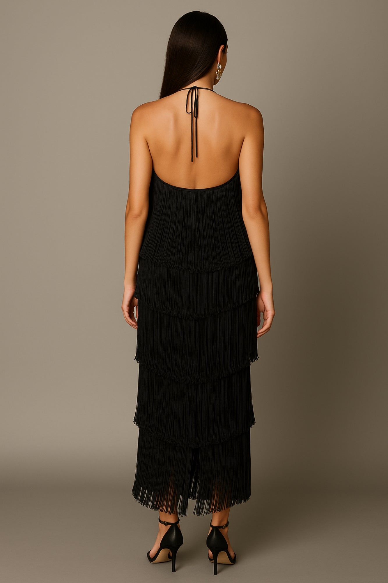 Vestido Largo con Flecos de Fiesta